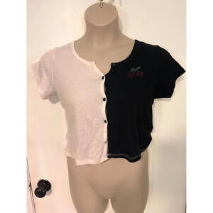 Color Block White & Black womens button top cherry embellished size XL #0722